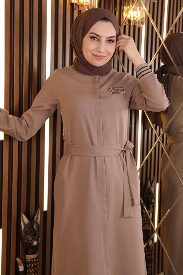 Hidden Button Ribbed Abaya Mink 18901 - 2