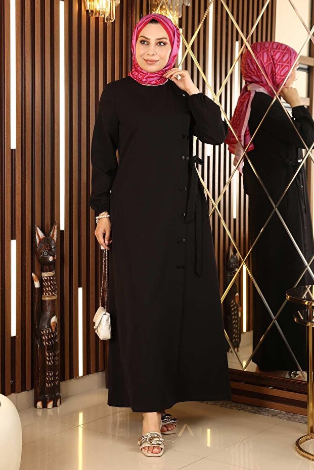 Buttoned Side Tieed Abaya Black 19133 - 4