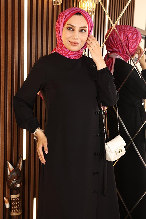 Buttoned Side Tieed Abaya Black 19133 - 2