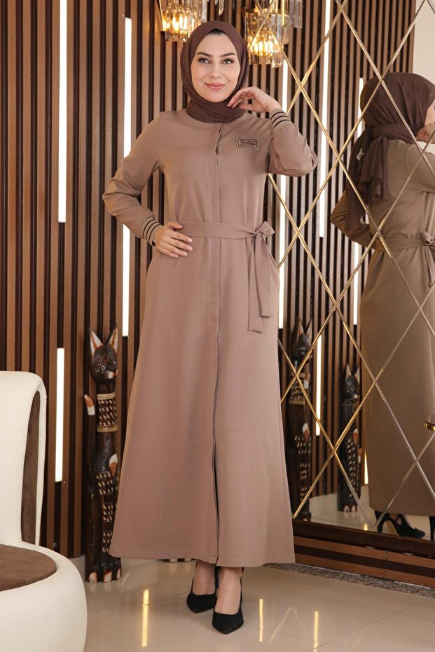 Hidden Button Ribbed Abaya Mink 18901 - 1