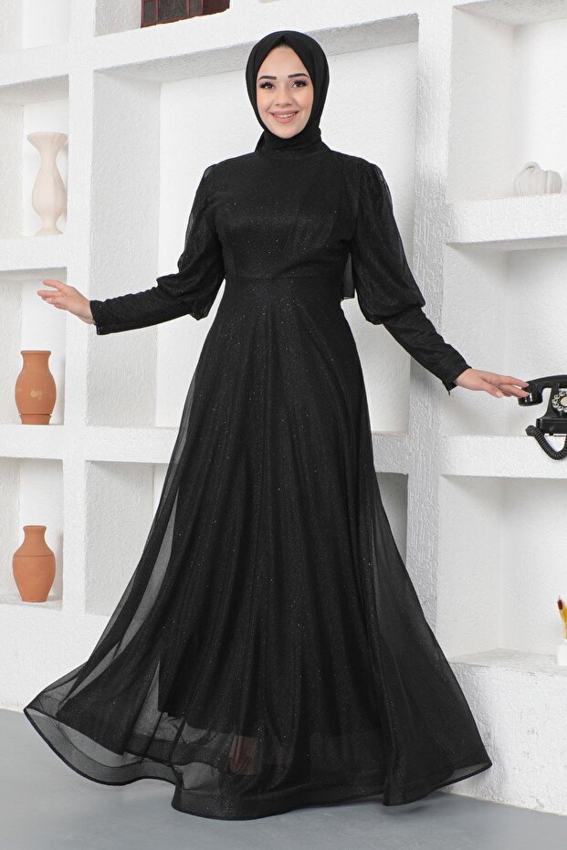 Silvery Evening Dress with Zipper Cuff Detail Black 12253
