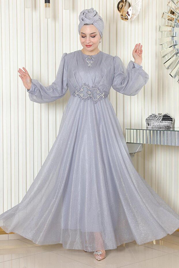 Pearl Detailed Draped Glittery Evening Dress Gray 19189