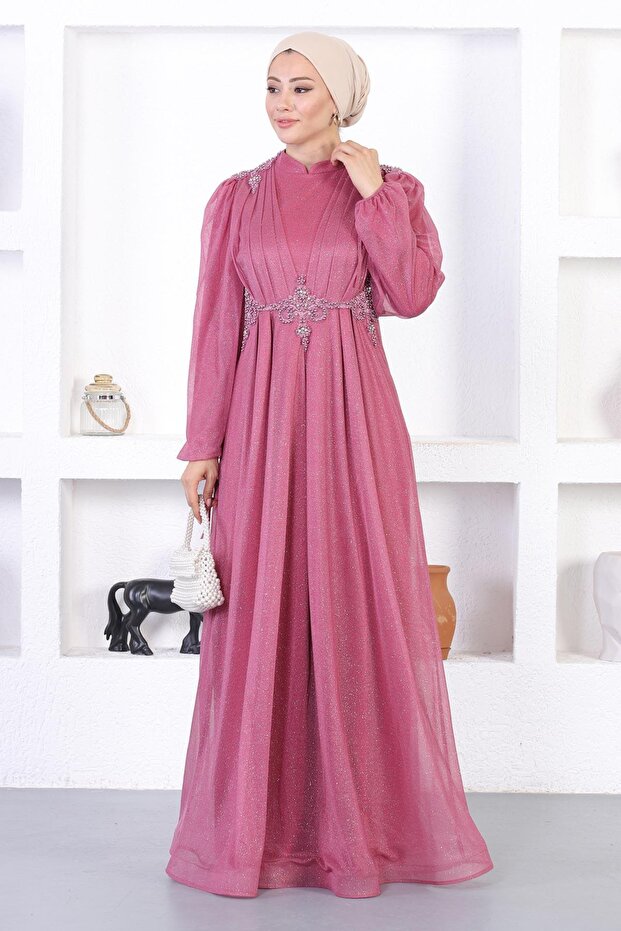 Pearl Lace Glitter Evening Dress Dusty Rose 12252