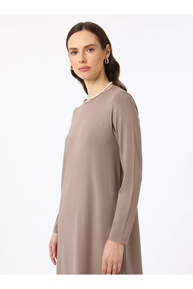 Viskon Kumaşlı Basic Elbise - Vizon - - 6