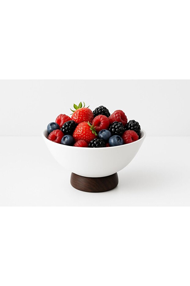 Bugzella Large Size White Tempered Glass Bowl with Walnut Legs - Simple Model