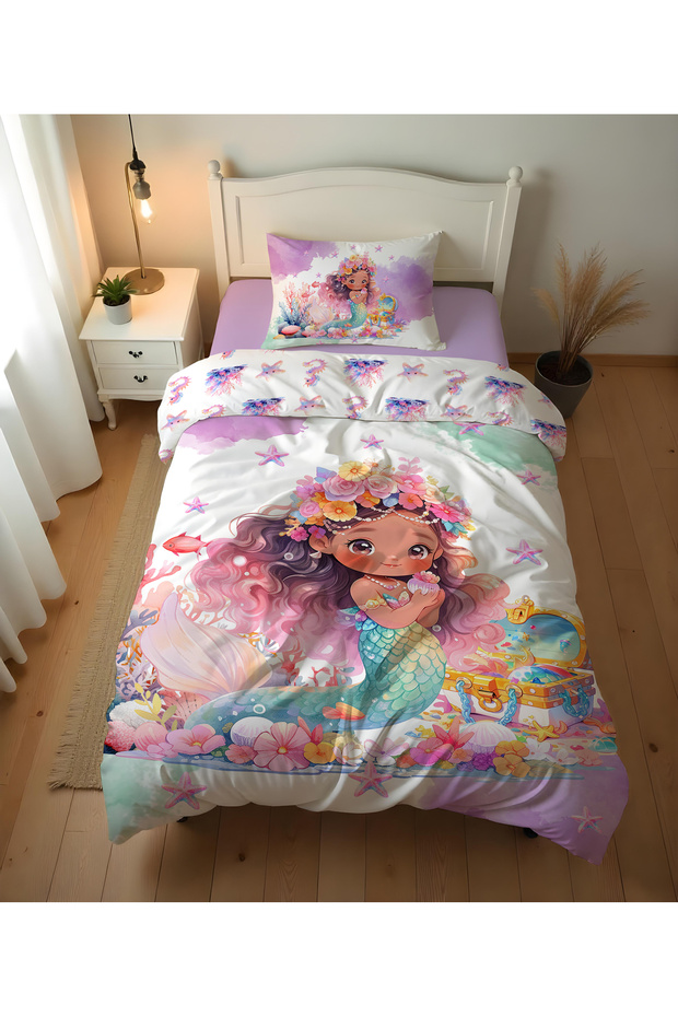 Mermaid Patterned Set of 2 - Printed Single Duvet Cover Set 160x220 Cm