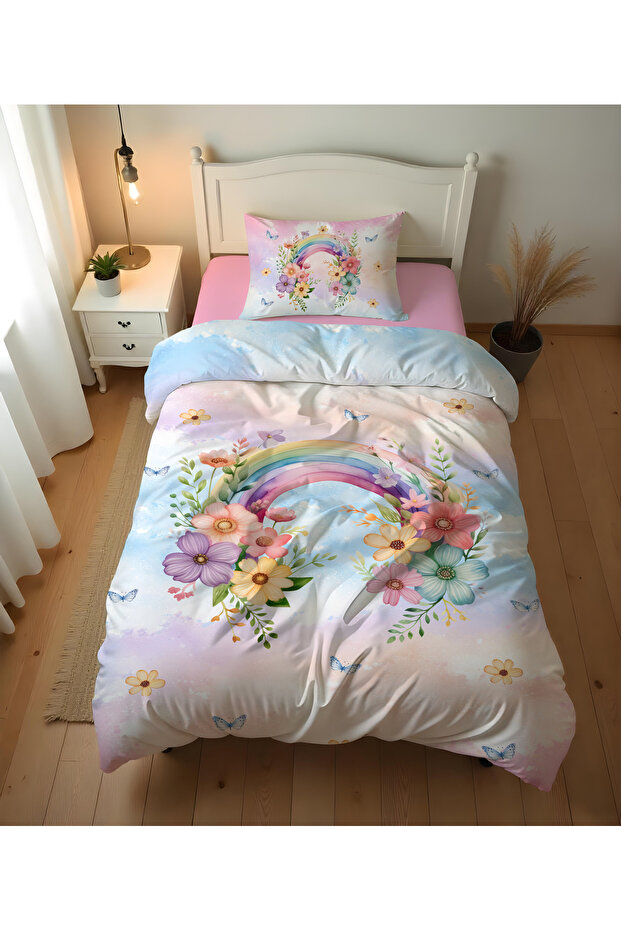 Flower and Rainbow Patterned 2-Piece Bedding Set - 160x220 cm, Single