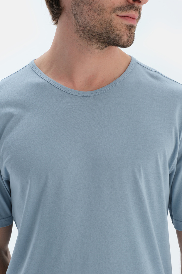 Mavi Kısa Kollu Bisiklet Yaka Basıc Tişört - 5