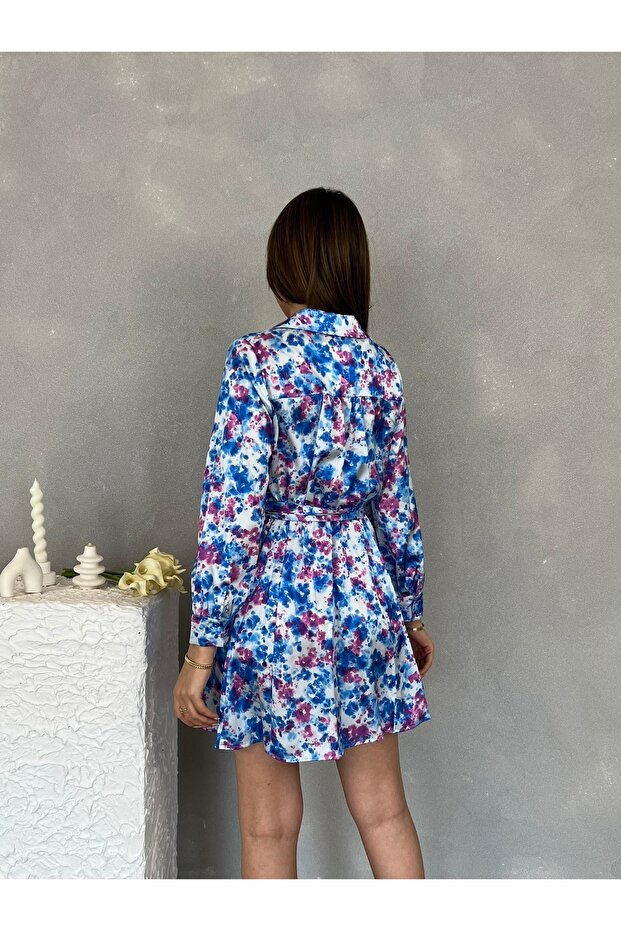 Patterned Belted Satin Mini Dress - 6