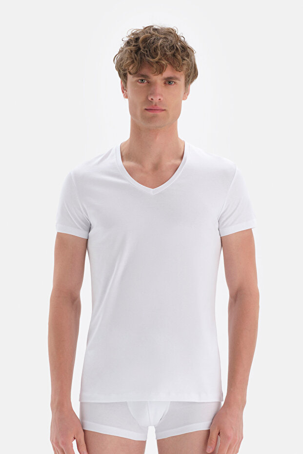 White Combed Cotton V-Neck Men's Undershirt - 1