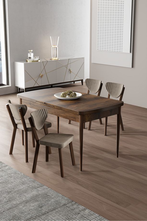 Exve Serisi 80x132 Açılabilir Barok Ahşap Desen Masa Takımı ve 4 Cappucino Sandalye - 1
