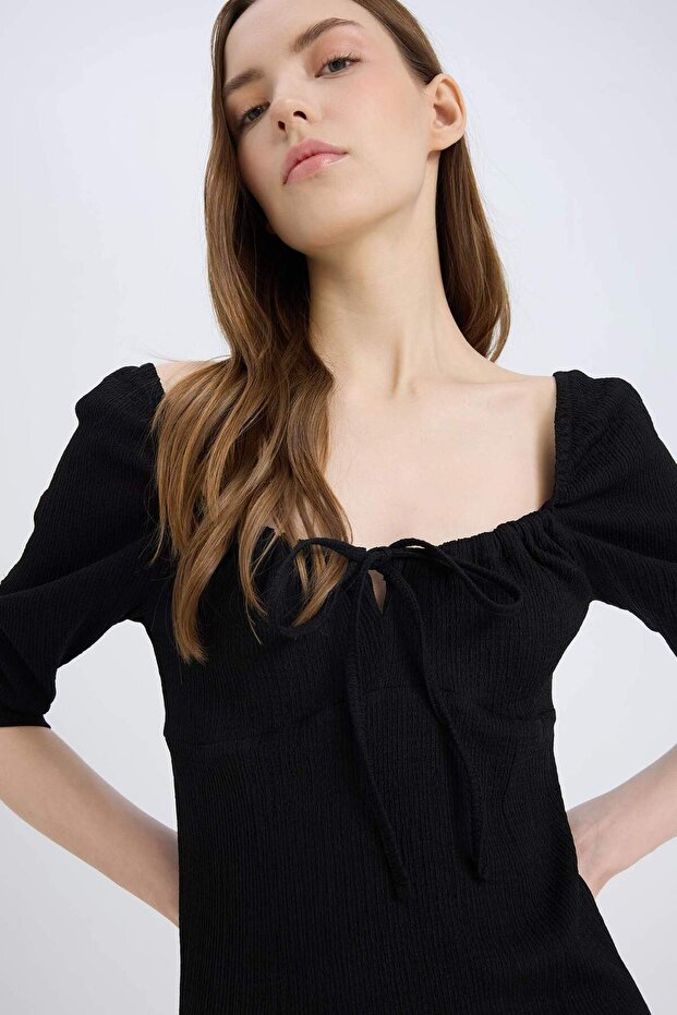 Bodycon Vücudu Saran Kare Yaka Yırtmaçlı Basic Düz Bürümcük Yarım Kol Siyah Midi Elbise E0885AX25SP - 3