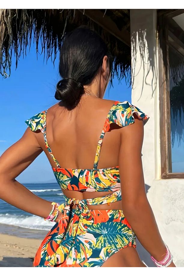 Tropikal Desenli Yüksek Bel Bağlamalı Bikini Takımı – PhellosCo - 2