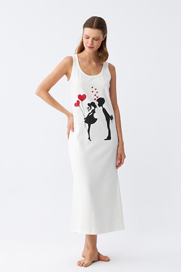 Women's Thick Strap Combed Cotton Long Ecru Nightgown 12001
