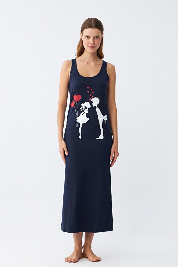 Women's Thick Strap Combed Cotton Long Navy Blue Nightgown 12001