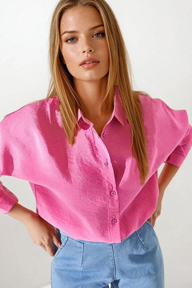 Kadın Pembe Oversize Basic Gömlek Vs00377 - 1