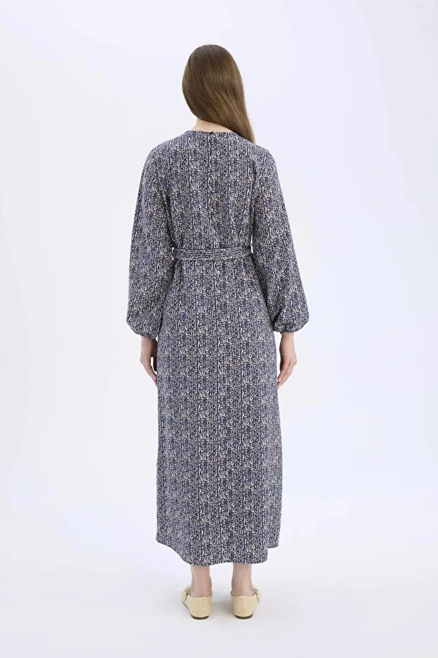 Regular Fit Bisiklet Yaka Desenli Kuşaklı Uzun Kollu Maxi Elbise E5247AX25SP - 5