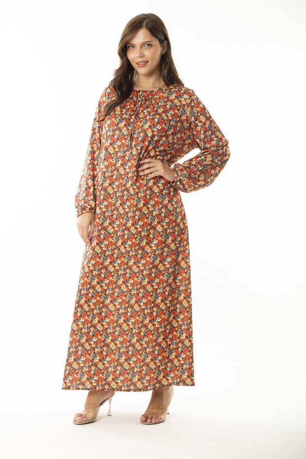 Women's Large Size Colorful Long Dress with Gathering Collar and Elastic Detail at the Cuff 65N36905