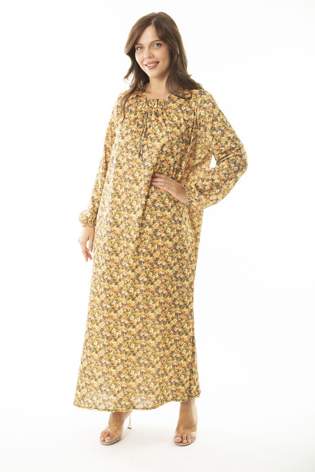Women's Large Size Saffron Collar, Gathering and Cuffs, Elastic Detailed Long Dress 65N36905