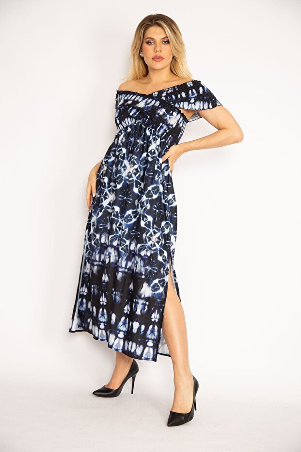 Women's Large Size Navy Blue Collar, Wide Elastic, Side Slit Long Dress 65n26897