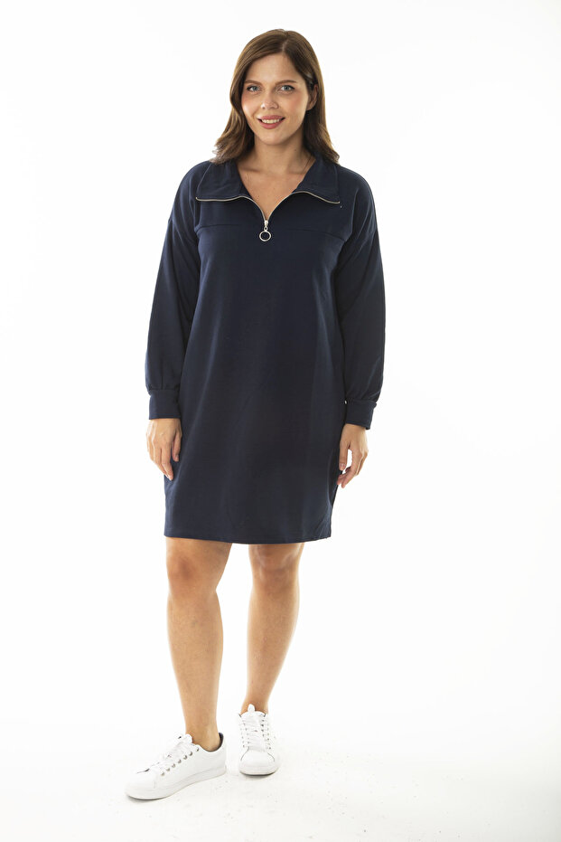 Women's Large Size Navy Blue Front Placket Zippered High Collar Sweatshirt Dress 65N36968