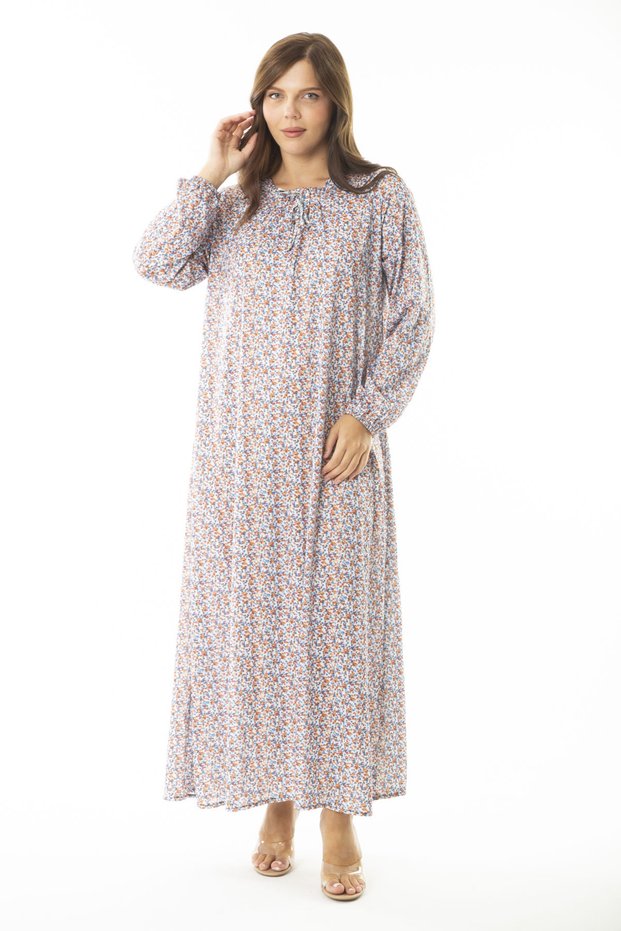 Women's Plus Size Blue Long Dress with Gathered Collar and Sleeves and Rubber Detail 65n36905