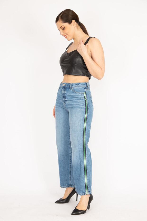 Women's Blue Large Size Side Striped 5 Pocket Jeans 65n36270