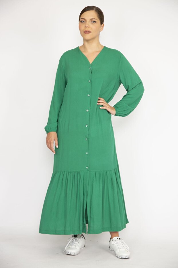 Women's Green Large Size Woven Viscose Fabric Front Length Buttoned Long Sleeve Dress 65n36694