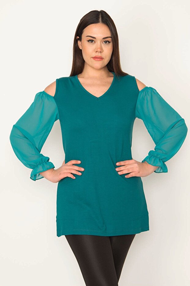 Women's Large Size Green Shoulder Low-cut Sleeve Chiffon Detailed Blouse 65n31383