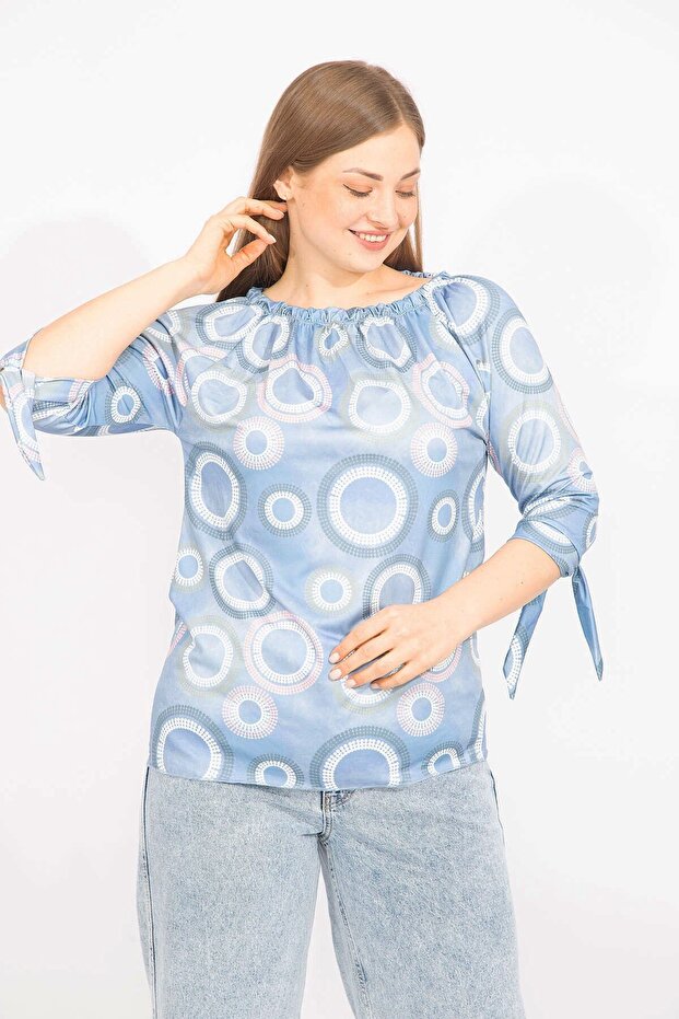 Women's Blue Large Size Collar Elastic Sleeve Lace Blouse 65n35665