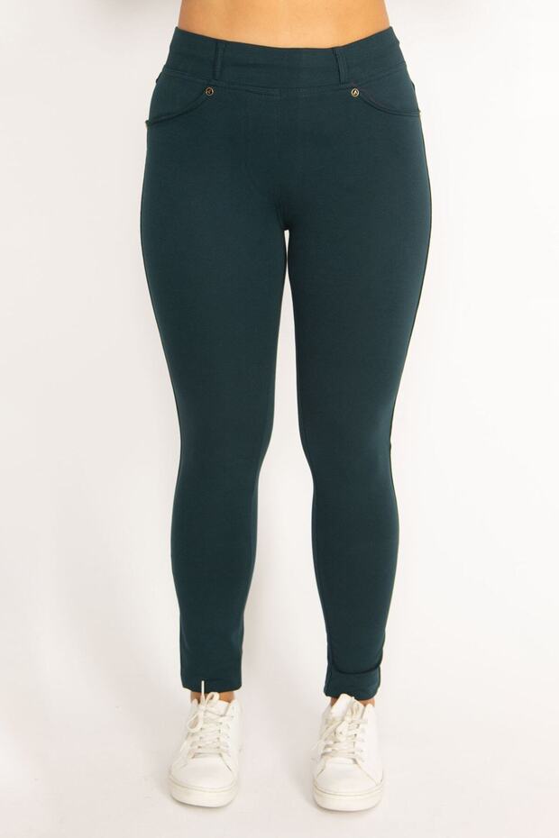 Women's Large Size Petrol Leggings with Front Decoration and Back Pockets 65n34534