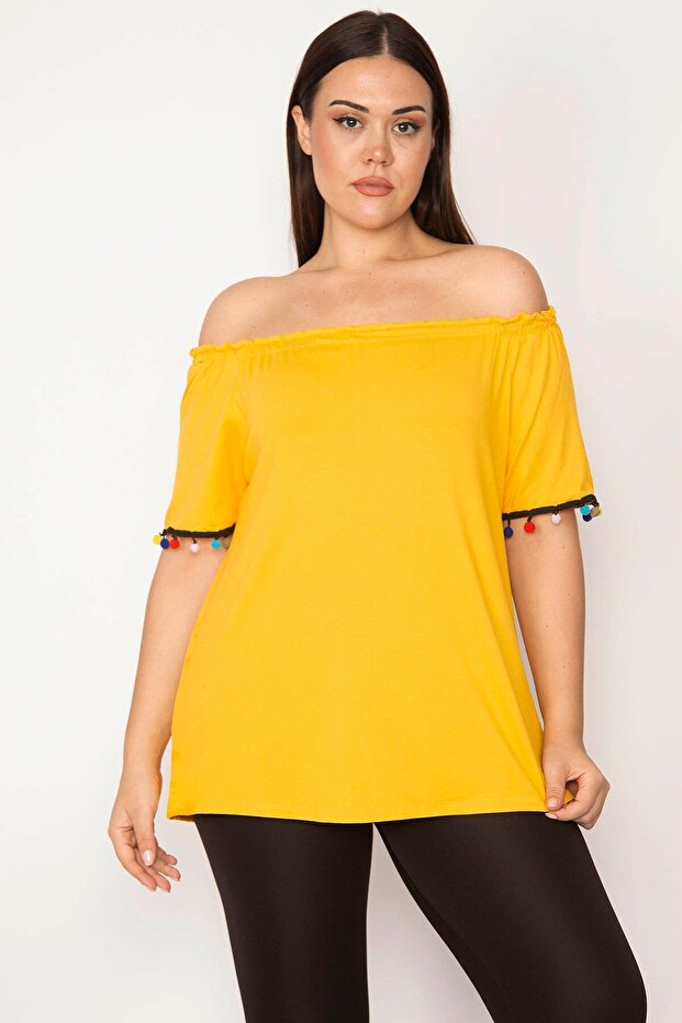 Women's Large Size Mustard Collar Elastic Sleeves Pompom Detailed Blouse 65n29509