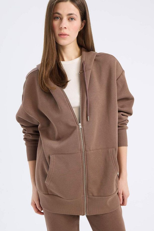Oversize Geniş Kalıp Kapüşonlu Cepli Basic Düz Fermuarlı Sweatshirt V4233AZ25SP - 3