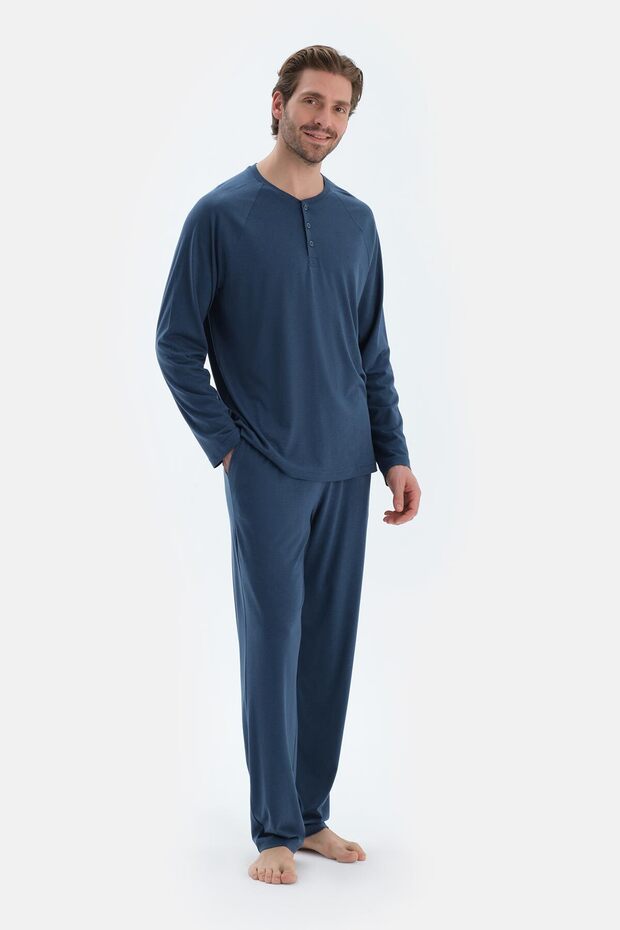 Navy Blue Reglan Long Sleeve Basic T-Shirt Pants Pajama Set
