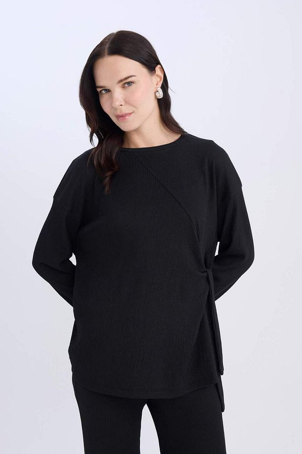 Regular Fit Bisiklet Yaka Basic Düz Bürümcük Uzun Kollu Tişört E1800AX25SP - 5