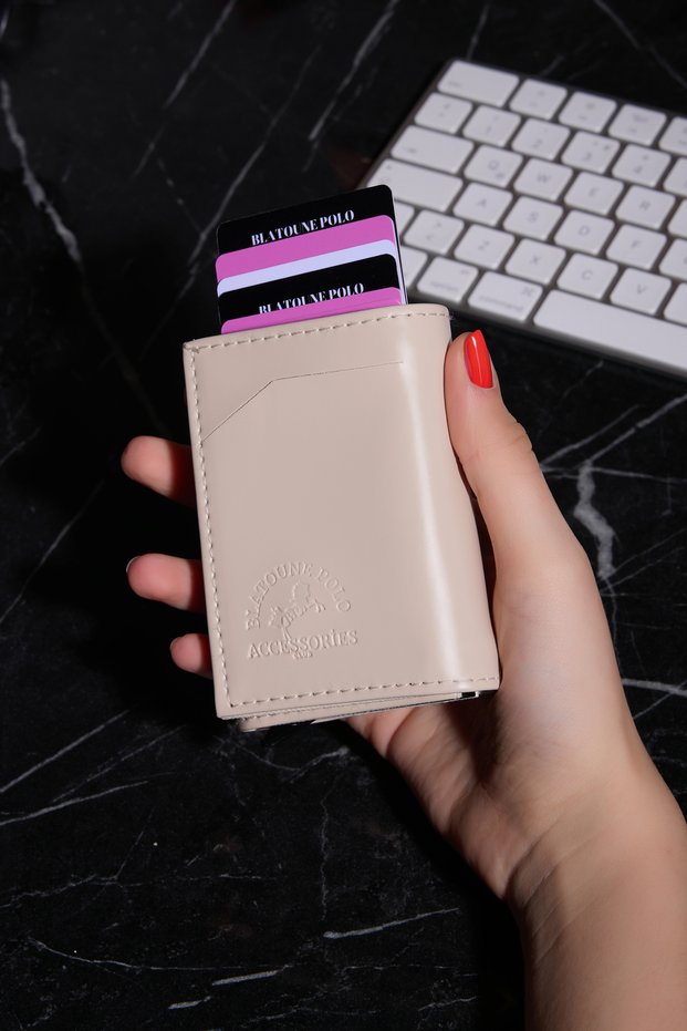 Women's Beige Automatic Mechanism Anti-Theft Card Holder Wallet with Rfid Protection and Coin Compartment