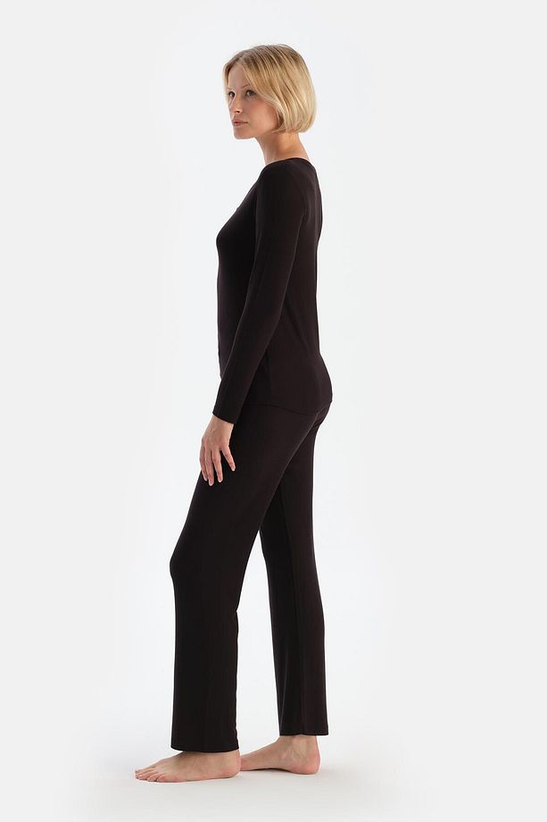 Koyu Kahve Uzun Kollu Kaşkorse Pijama Takımı - 3