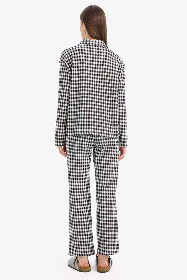 Pijama Takımı Kareli Uzun Kollu Üst Beli Lastikli Uzun Alt-Fall in Love E3464AX25SP - 6