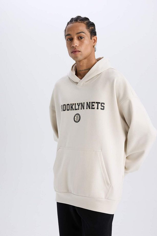 DeFactoFit NBA Brooklyn Nets Oversize Geniş Kalıp Kapüşonlu Sırt Baskılı Skuba Dalgıç Kumaş Sweatshi - 5