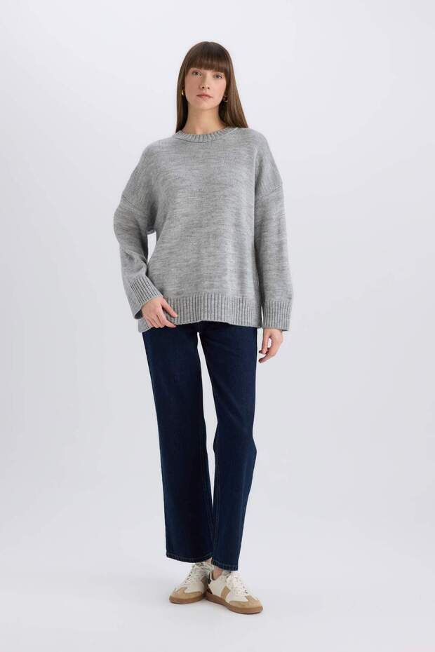 Oversize Geniş Kalıp Bisiklet Yaka Basic Düz Triko Kazak D0036AX25SP - 2