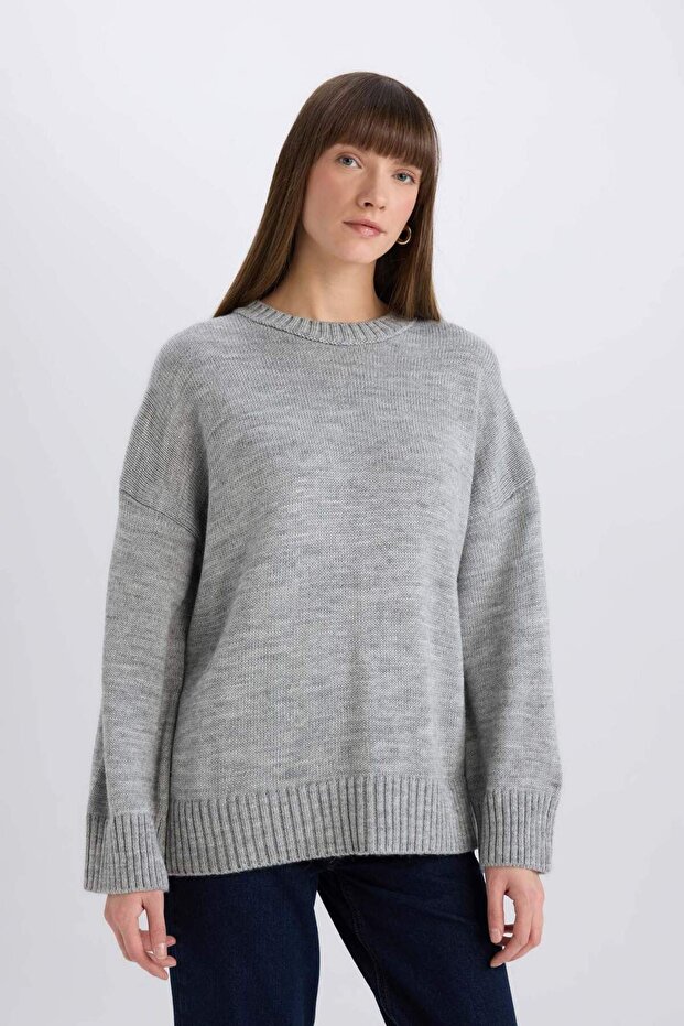 Oversize Geniş Kalıp Bisiklet Yaka Basic Düz Triko Kazak D0036AX25SP - 4