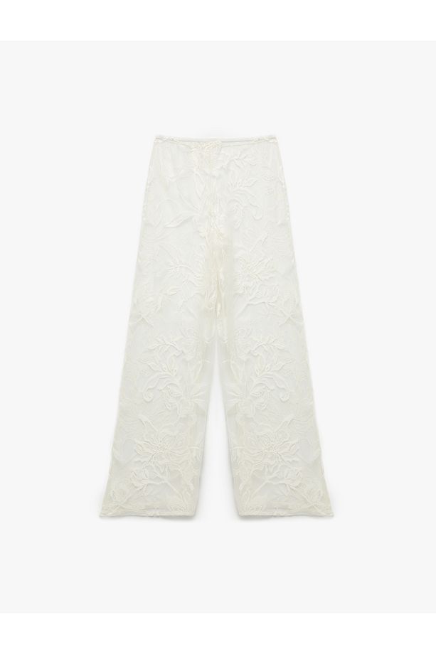 Transparan Floral Dokulu Geniş Paça Dantel Pareo Pantolon - 4