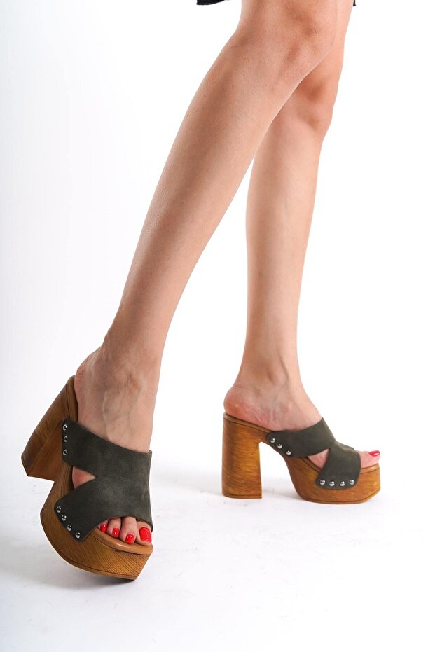 Mubiano Genuine Leather Collection Women's Suede Clogs Slippers Khaki - Mcgvn1501 - Hk