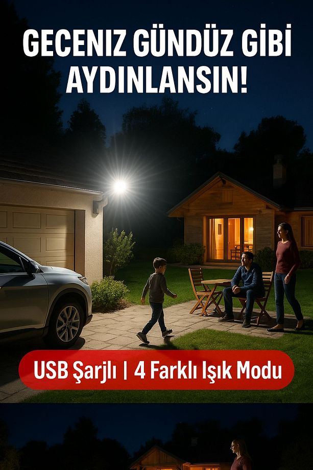 Dış Mekan ve Kamp İçin USB İle Şarj Olan 4 Farklı Işık Modlu Güçlü Projektör Lamba 100W 2400 Mah - 2