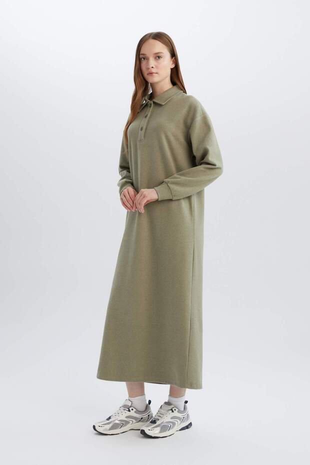 Basic Düz Düğmeli Uzun Kollu Selanik Kumaş Maxi Triko Elbise B7260AX24WN - 2