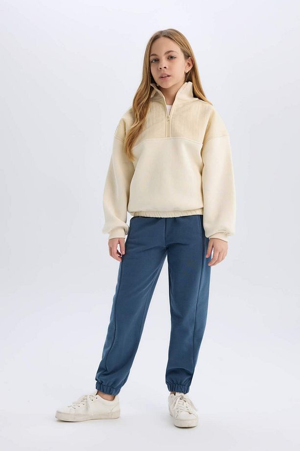 Kız Çocuk Oversize Geniş Kalıp Yarım Fermuarlı Basic Düz İçi Yumuşak Tüylü Sweatshirt D6184A824WN - 2