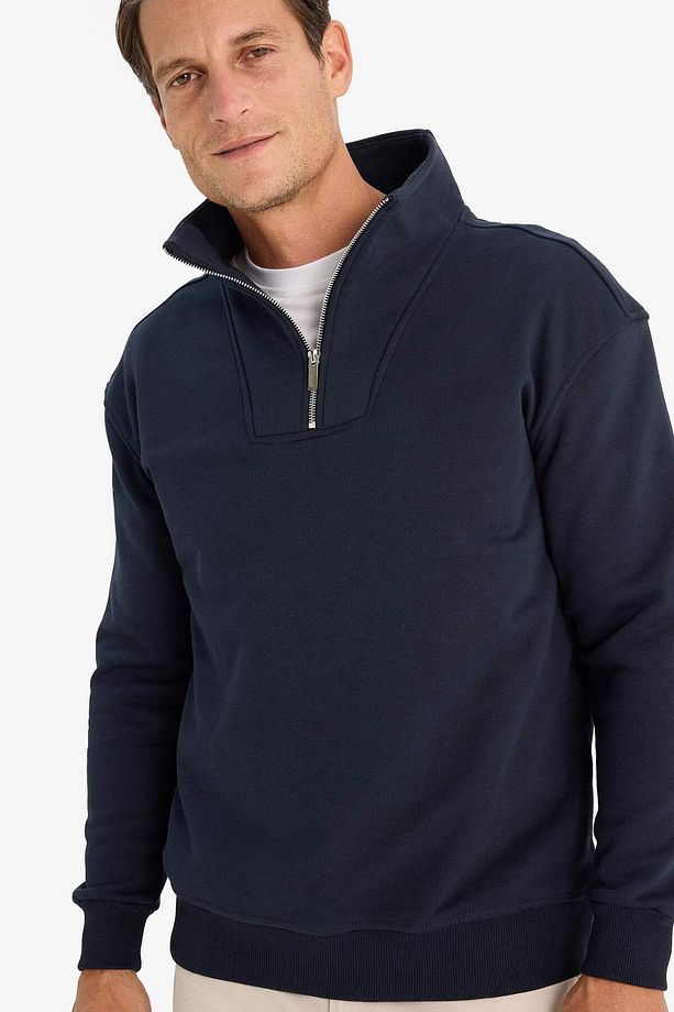 Relax Fit Dik Yaka Fermuarlı Basic Düz Kalın Sweatshirt E5332AX24WN - 1