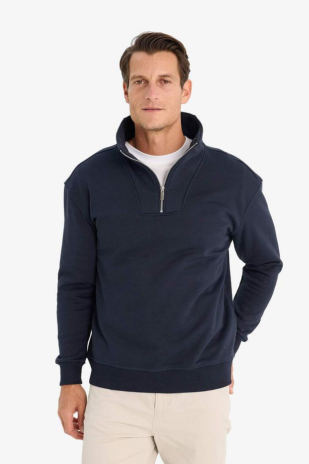 Relax Fit Dik Yaka Fermuarlı Basic Düz Kalın Sweatshirt E5332AX24WN - 3
