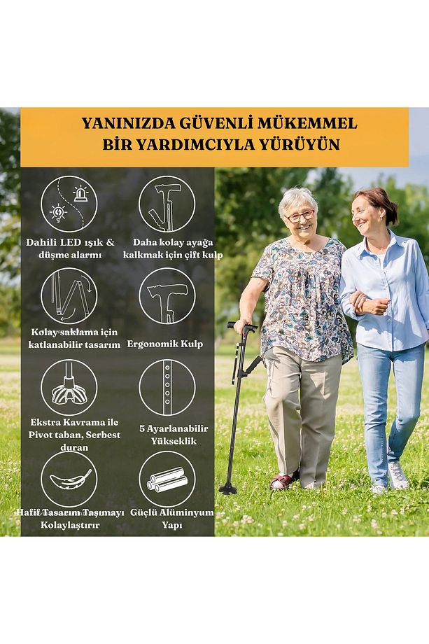 Anne Babalar Ve Hastalar İçin Hareketli Katlanabilir Led Işıklı Baston Alarm Destekli 4 Ayaklı - 3