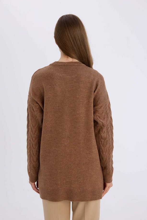 Regular Fit Bisiklet Yaka Saç Örgü Desenli Triko Kazak Tunik B4284AX24WN - 6